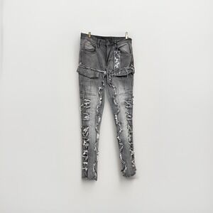 KDNK  Jean Mens 30 Grey Skinny Flare Zipped Calf's Stretch Distressed Light Wash